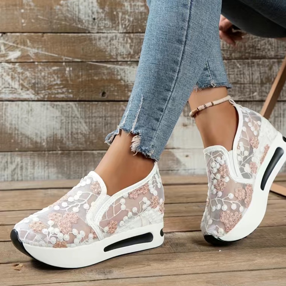 Women's Flower Embroidery Platform Sneakers, Breathable Mesh Outdoor Shoes